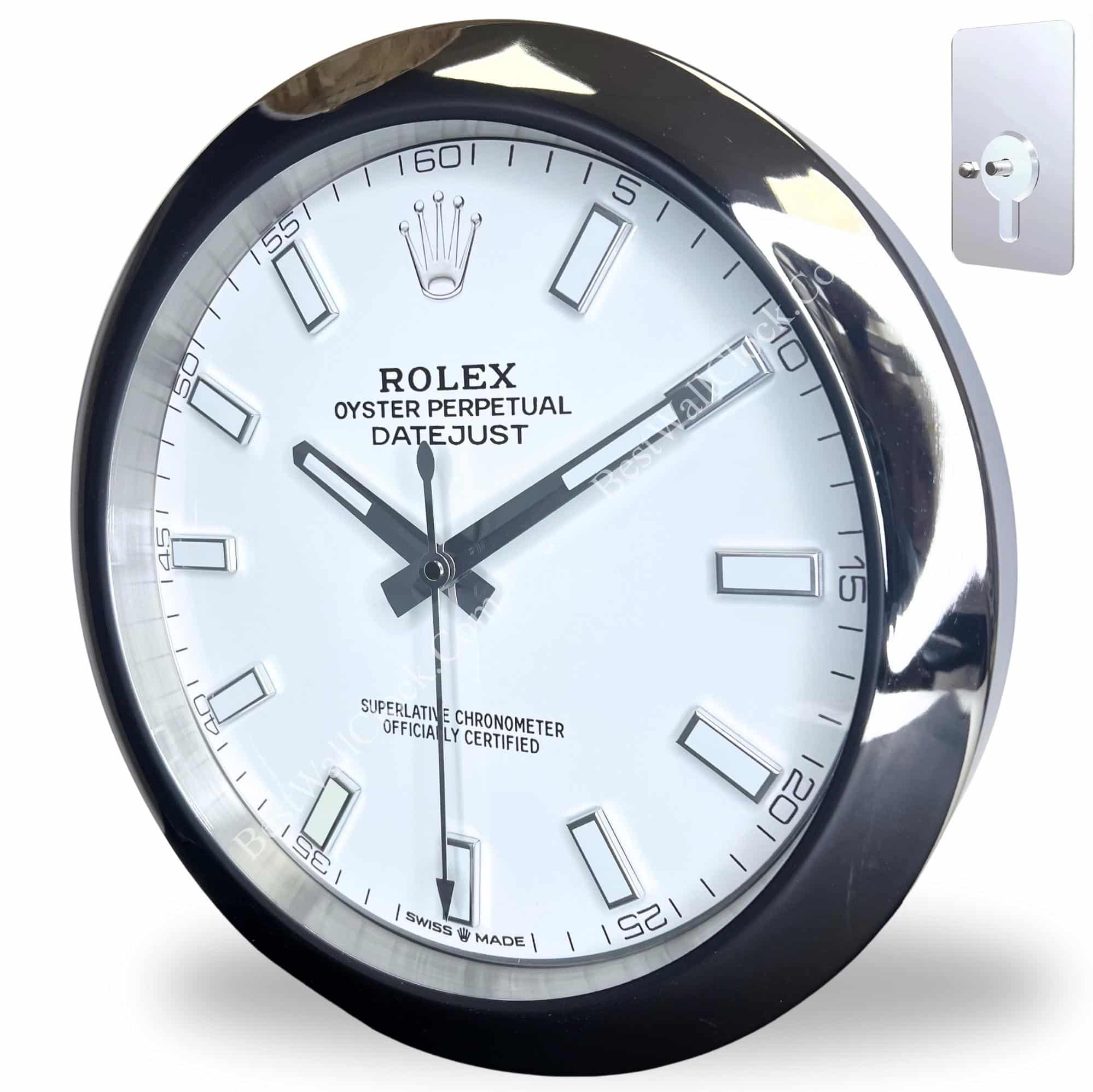 Round wall clock designed like a Rolex Oyster Perpetual Datejust watch face with white dial, black hour and minute hands, and silver hour markers, set in a shiny metallic case, accompanied by a small installation mounting plate shown in the top right corner.