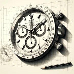 An illustration of a detailed Rolex wall clock with chronograph features lying on top of schematics and engineering drawings, accompanied by a pencil.