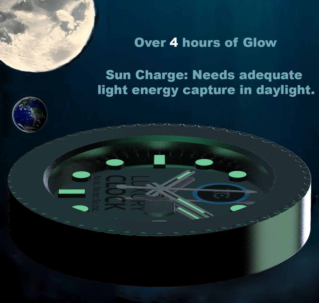 A Yatch Master - Black advertised as having over 4 hours of glow after being charged by sunlight, depicted with cosmic elements in a black background.