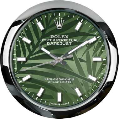 A rolex oyster perpetual datejust watch with a green palm leaf design on the dial.