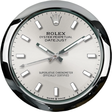 A close-up of a rolex oyster perpetual datejust wristwatch with a silver dial.