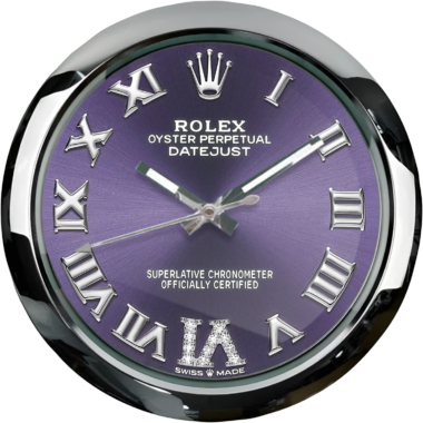 Close-up of a rolex oyster perpetual datejust watch with a purple dial and roman numerals.