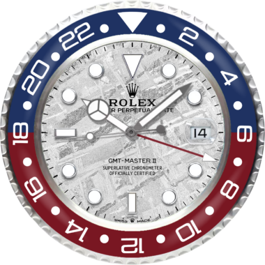 A close-up image of a rolex gmt-master ii watch face displaying the time and date.