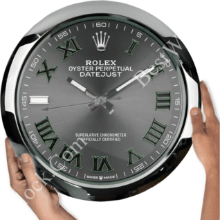 Large Rolex Oyster Perpetual Datejust wall clock with silver and black face, green Roman numerals, and a chrome frame, held by two hands on either side