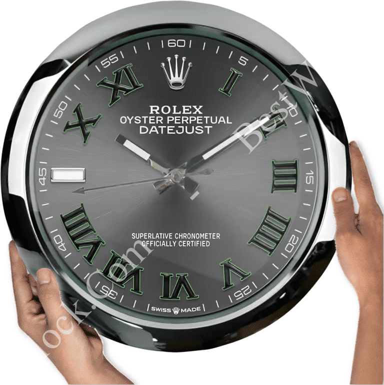 Large Rolex Oyster Perpetual Datejust wall clock with silver and black face, green Roman numerals, and a chrome frame, held by two hands on either side