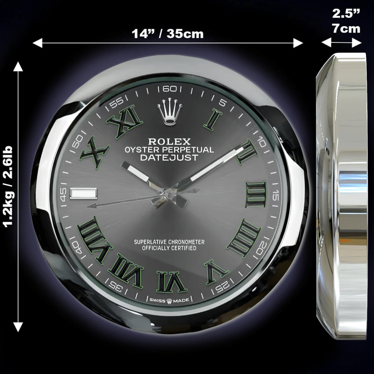Close-up front and side views of a Rolex Oyster Perpetual Datejust watch with dimensions 14 inches (35 cm) in diameter, 2.5 inches (7 cm) thick, and weight 1.2 kg (2.61 lb), showing a grey dial with green Roman numerals and silver hands against a black background.