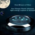 A glowing watch face with luminous dots and hands floating in a dark space background featuring the moon and Earth, with text explaining over 4 hours of glow and the need for adequate light energy capture in daylight.