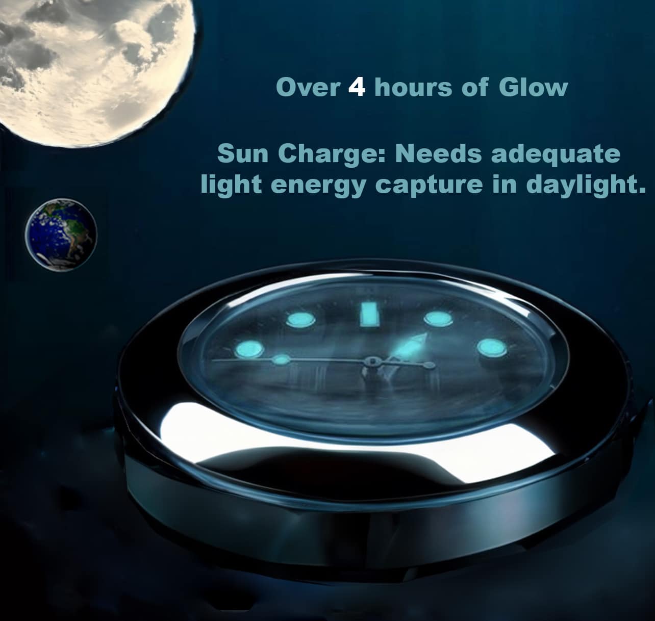 A glowing watch face with luminous dots and hands floating in a dark space background featuring the moon and Earth, with text explaining over 4 hours of glow and the need for adequate light energy capture in daylight.