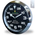 Round wall clock designed like a Rolex Oyster Perpetual Air-King watch face, with a black dial, silver frame, large white number markings for every five minutes, and silver hands showing 9:10:40.