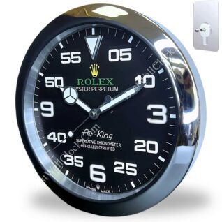 Round wall clock designed like a Rolex Oyster Perpetual Air-King watch face, with a black dial, silver frame, large white number markings for every five minutes, and silver hands showing 9:10:40.