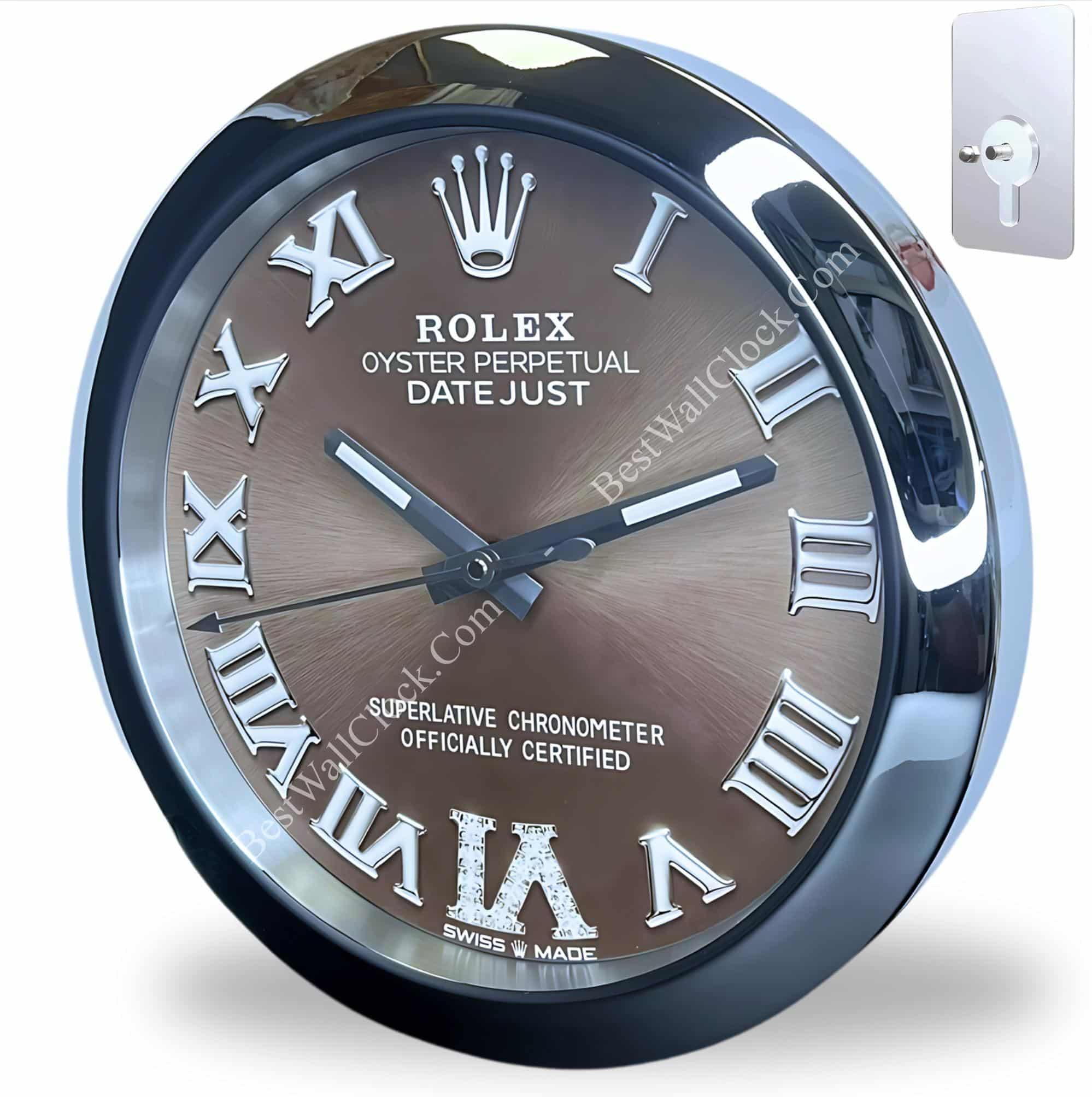 Round wall clock designed like a Rolex watch face with brown background, silver Roman numerals, the Rolex crown logo at the top, and text including 'ROLEX OYSTER PERPETUAL DATEJUST' and 'SUPERLATIVE CHRONOMETER OFFICIALLY CERTIFIED', encased in shiny chrome bezel, shown with a keyhole cover for mounting.