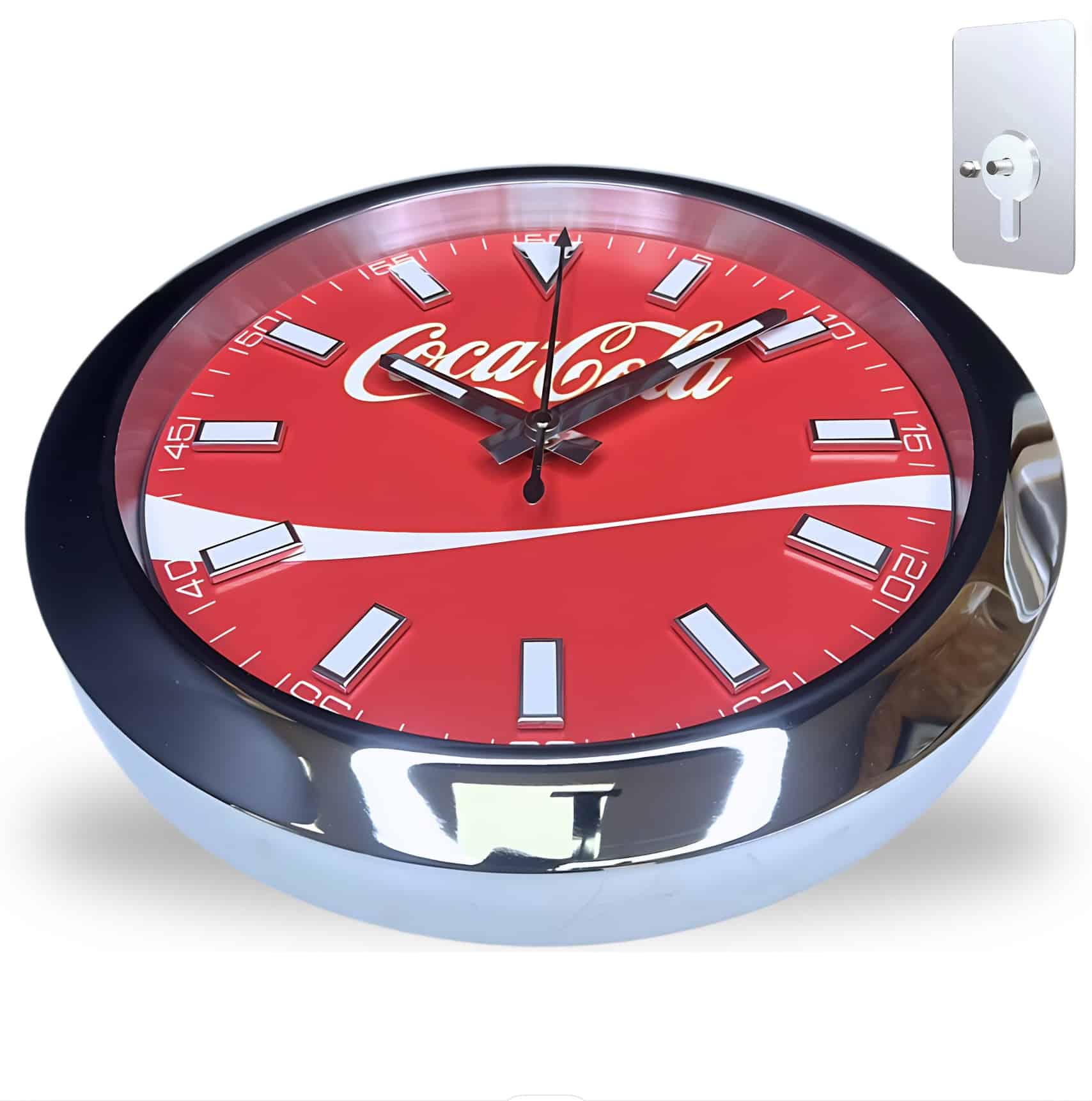 Round wall clock with a red face featuring the Coca-Cola logo and a silver rim, along with a metal wall mount plate shown separately.