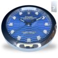 Round wall clock designed to resemble a Rolex Oyster Perpetual Datejust watch face with a blue patterned dial, silver markers, and silver hands, mounted on a silver base with a keyhole shown in the corner for wall mounting.