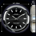 Rolex wall clock with a black dial, white hour markers, and silver hands, showing dimensions of 14 inches (35 cm) in diameter and 2.5 inches (7 cm) in depth, with a weight of 1.2 kg (2.61 lb), displayed from front and side views on a dark background.