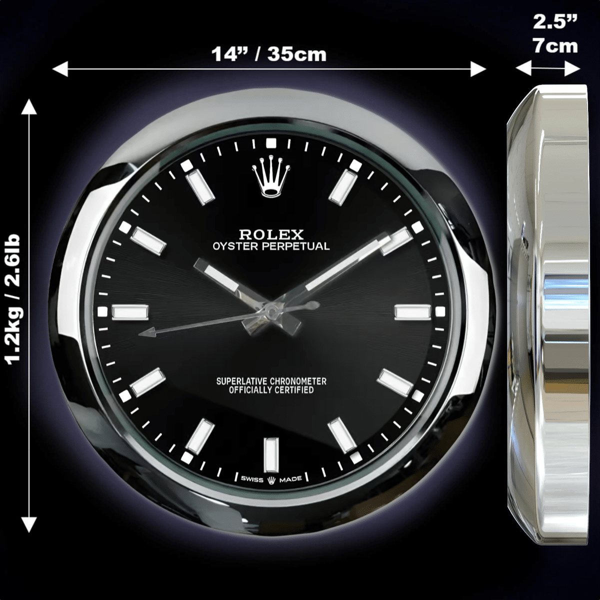 Rolex wall clock with a black dial, white hour markers, and silver hands, showing dimensions of 14 inches (35 cm) in diameter and 2.5 inches (7 cm) in depth, with a weight of 1.2 kg (2.61 lb), displayed from front and side views on a dark background.