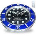 Rolex wall clock designed like a Submariner watch face with a blue bezel and black dial featuring luminous hour markers and date window at 3 o'clock