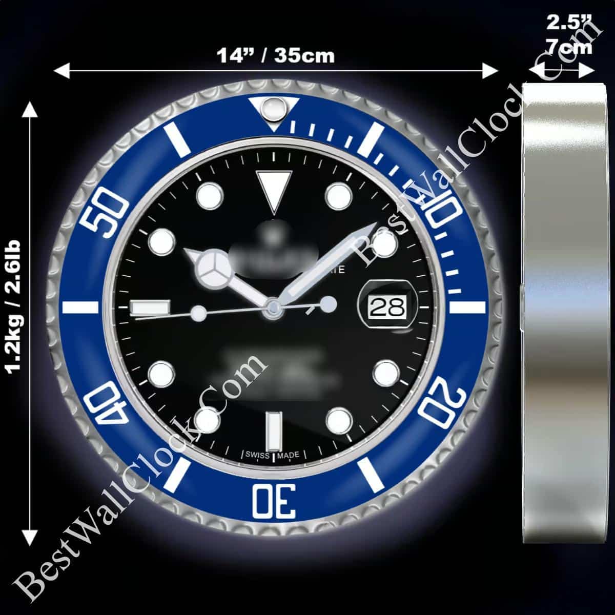 Blue and silver rolex wall clock with black dial, luminous hour markers, date display at 3 o'clock, and dimensions marked as 14 inches (35 cm) in diameter and 2.5 inches (7 cm) in depth, weighing 1.2 kg (2.6 lb).