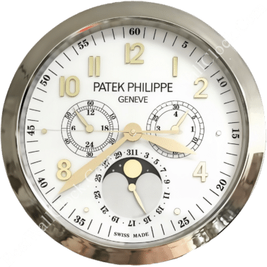 Rolex wall clock featuring a Patek Philippe Genève design with gold hour markers and hands, two subdials, and a moon phase indicator on a white face with a silver frame.