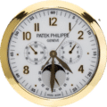 Rolex wall clock styled as a Patek Philippe Geneve with a gold frame, white dial featuring gold hour markers and hands, subdials, and a moon phase display at the bottom