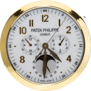 Rolex wall clock styled as a Patek Philippe Geneve with a gold frame, white dial featuring gold hour markers and hands, subdials, and a moon phase display at the bottom