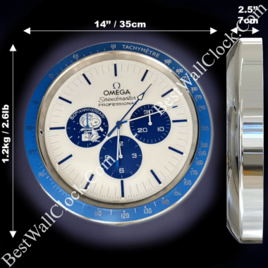 Front and side views of an Omega Speedmaster Professional rolex wall clock showing detailed measurements including 14 inches (35 cm) diameter and 2.5 inches (7 cm) depth, with a blue tachymetre and a Snoopy 50th Anniversary subdial on the white clock face.