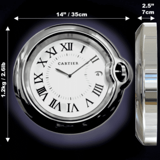 Rolex wall clock with a round polished metal frame, white face featuring Roman numerals, and measurements shown as 14 inches (35 cm) in diameter and 2.5 inches (7 cm) in depth, weighing 1.2 kg (2.6 lb).