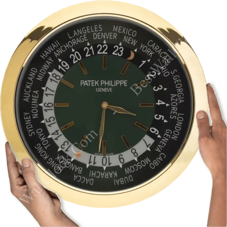 rolex well clock showing Patek Philippe world time with gold rim held by two hands on white background