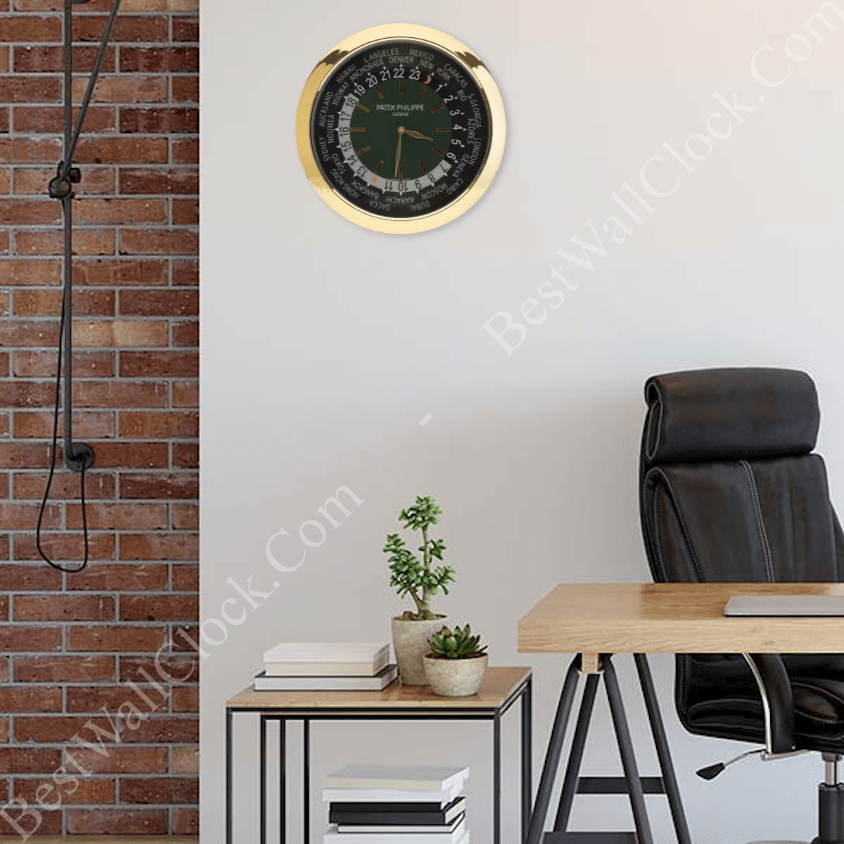 Rolex well clock on the wall above a side table with plants and books beside a desk with a black office chair in a modern room with a brick accent wall