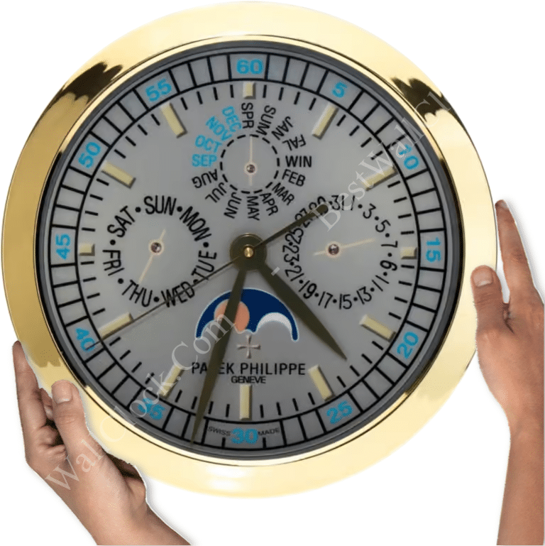 A person holds a Patek Philippe wall clock displaying days, months, and moon phases, surrounded by a gold-colored frame.