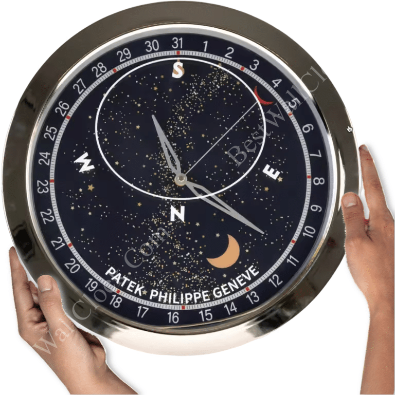 Hands holding a round clock with a celestial-themed face, compass directions, and the text "Patek Philippe Genève.