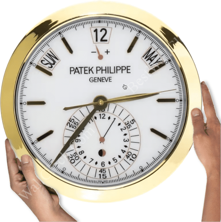 rolex well clock showing time with gold rim, white face, date, day, and month indicators, held by two hands