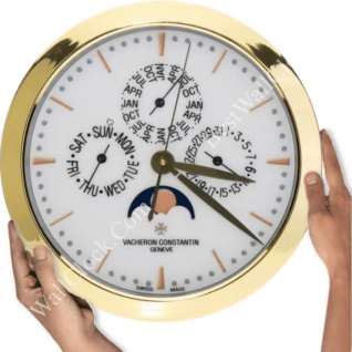 rolex well clock showing detailed calendar functions including day, date, month, and moon phase with gold accents on white dial held by two hands