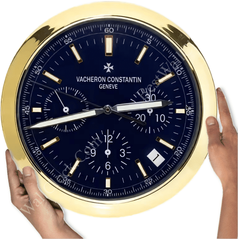 rolex well clock showing a large round Vacheron Constantin watch face with gold trim and hands, held by two hands against a white background