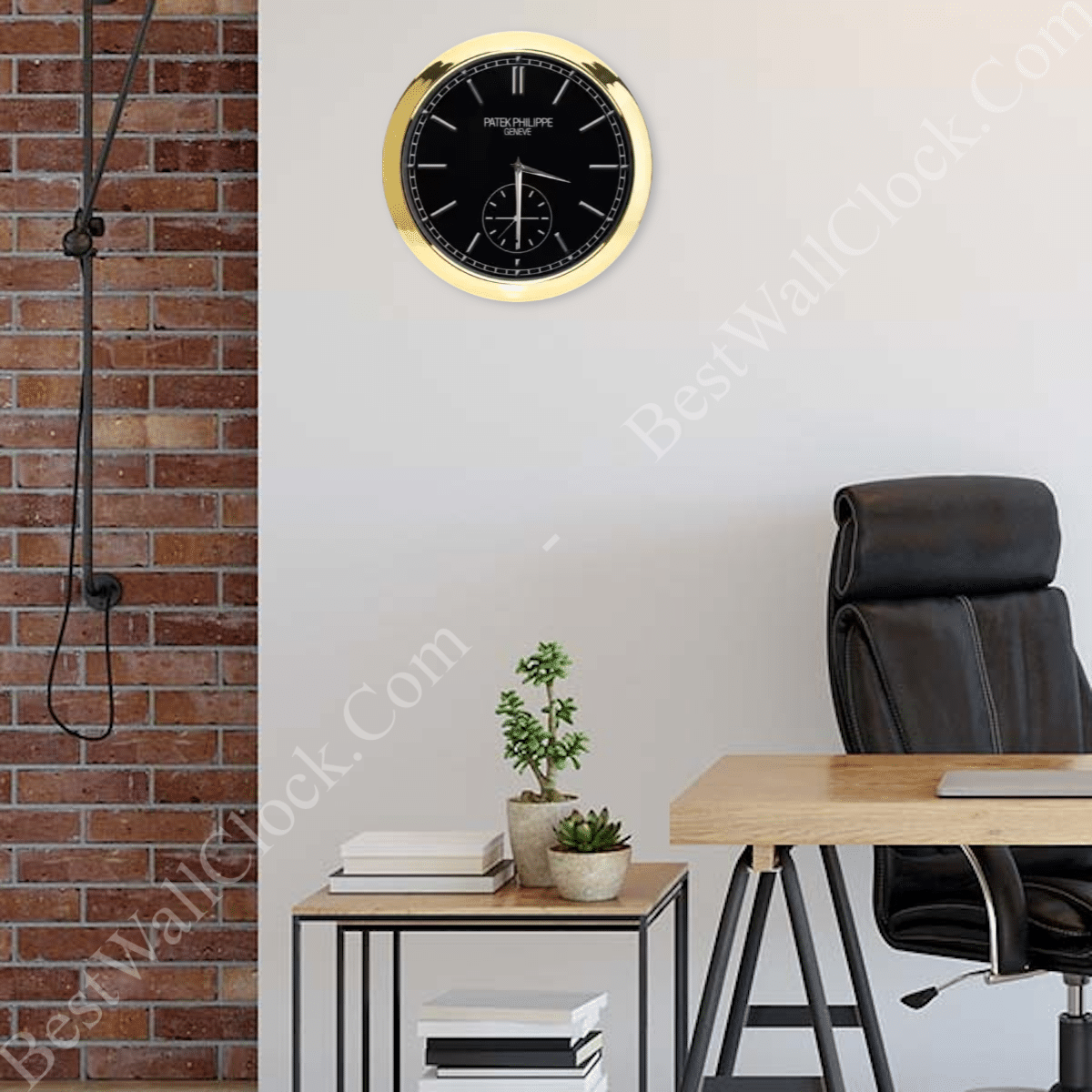 rolex well clock black Patek Philippe wall clock with gold frame hanging above a modern office desk with books and plants against a white and brick wall
