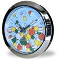 rolex wall clock with a shiny metallic frame and a colourful dial featuring multicoloured circles and bold white hour markers