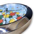 Close-up of a Rolex wall clock with a polished silver metal frame and a colourful dial featuring red, yellow, green and blue circular patterns and rectangular hour markers.