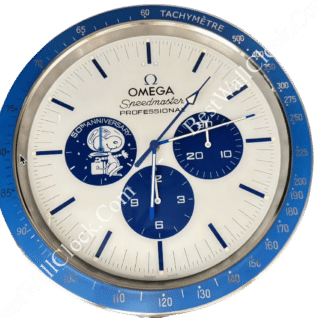 Rolex wall clock styled as an Omega Speedmaster Professional with a blue tachymetre bezel, white face, and blue subdials including a 50th anniversary Snoopy illustration.