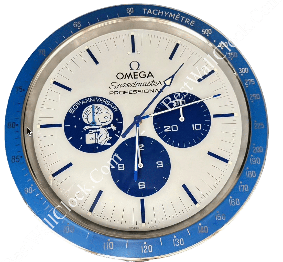 Rolex wall clock styled as an Omega Speedmaster Professional with a blue tachymetre bezel, white face, and blue subdials including a 50th anniversary Snoopy illustration.
