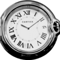 Cartier clock with Roman numerals in a polished metal casing, resembling a rolex wall clock design