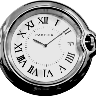 Cartier clock with Roman numerals in a polished metal casing, resembling a rolex wall clock design