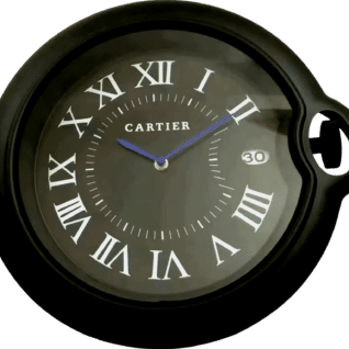 Rolex wall clock styled as a Cartier watch face with black casing, white Roman numerals, blue hour and minute hands, and a date indicator showing 30