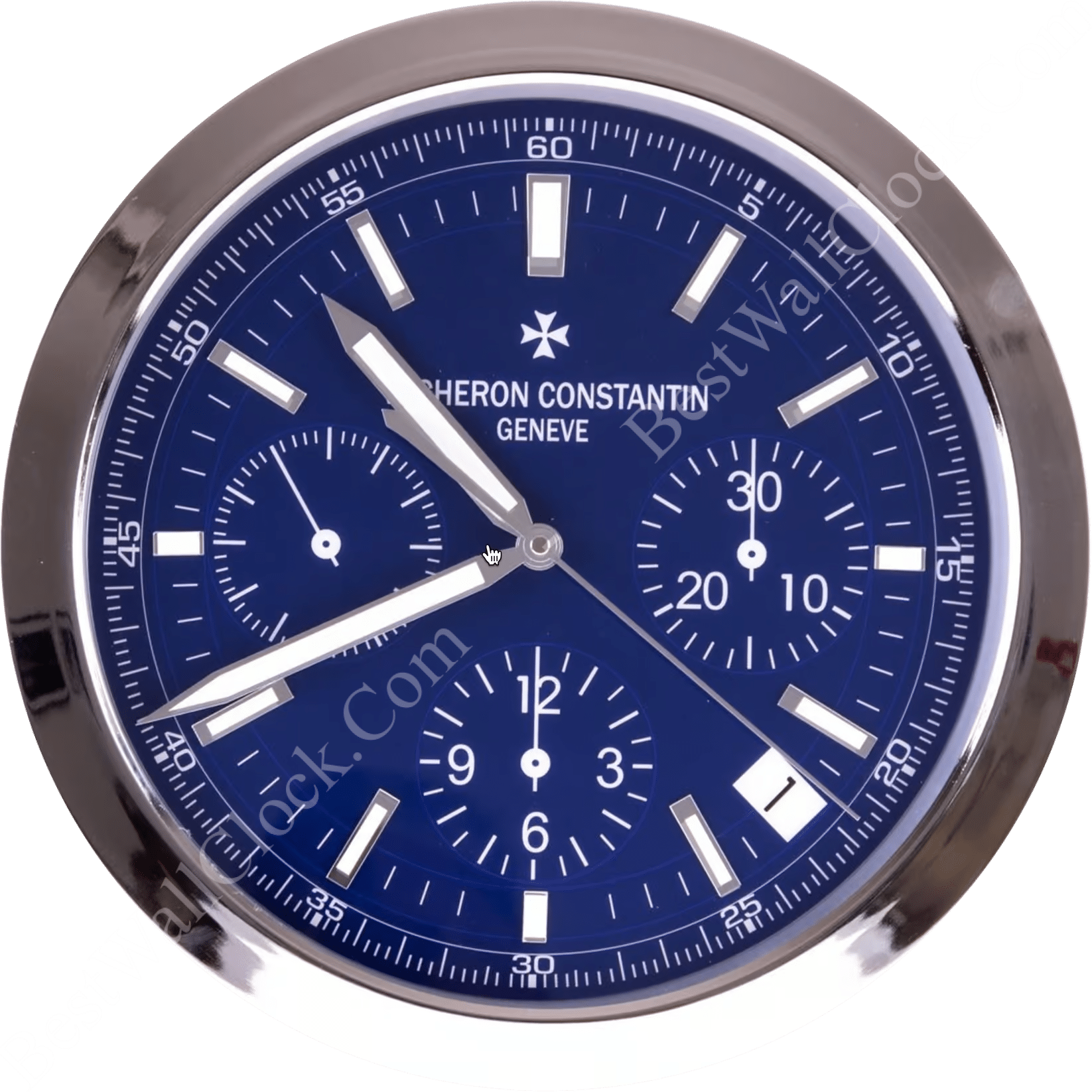Vacheron Constantin wall clock with a polished silver frame, deep blue dial, bold white indices, three subdials, and sleek luminous hands.