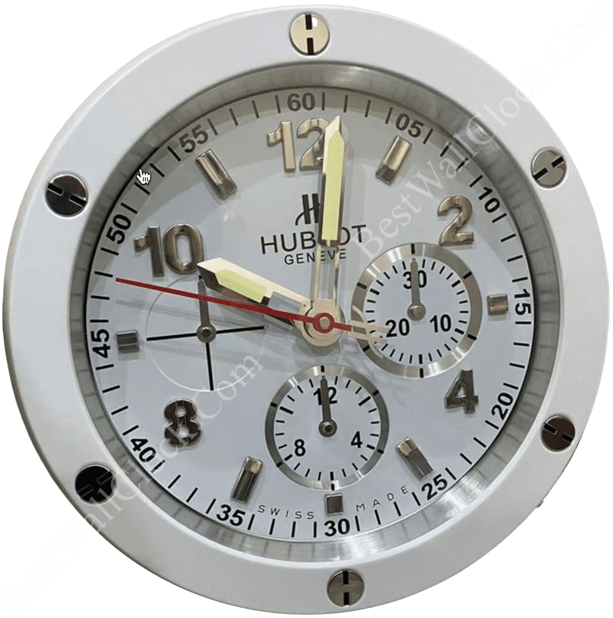 Hublot wall clock with a white frame, metallic bezel, white dial, bold hour markers, luminous hands, three subdials, and chronograph design.