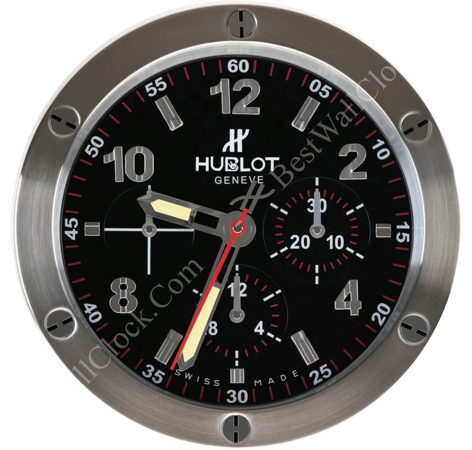 Hublot wall clock with black dial, stainless steel frame, bold numerals, three subdials, luminous hands, red seconds hand, and exposed screw design.