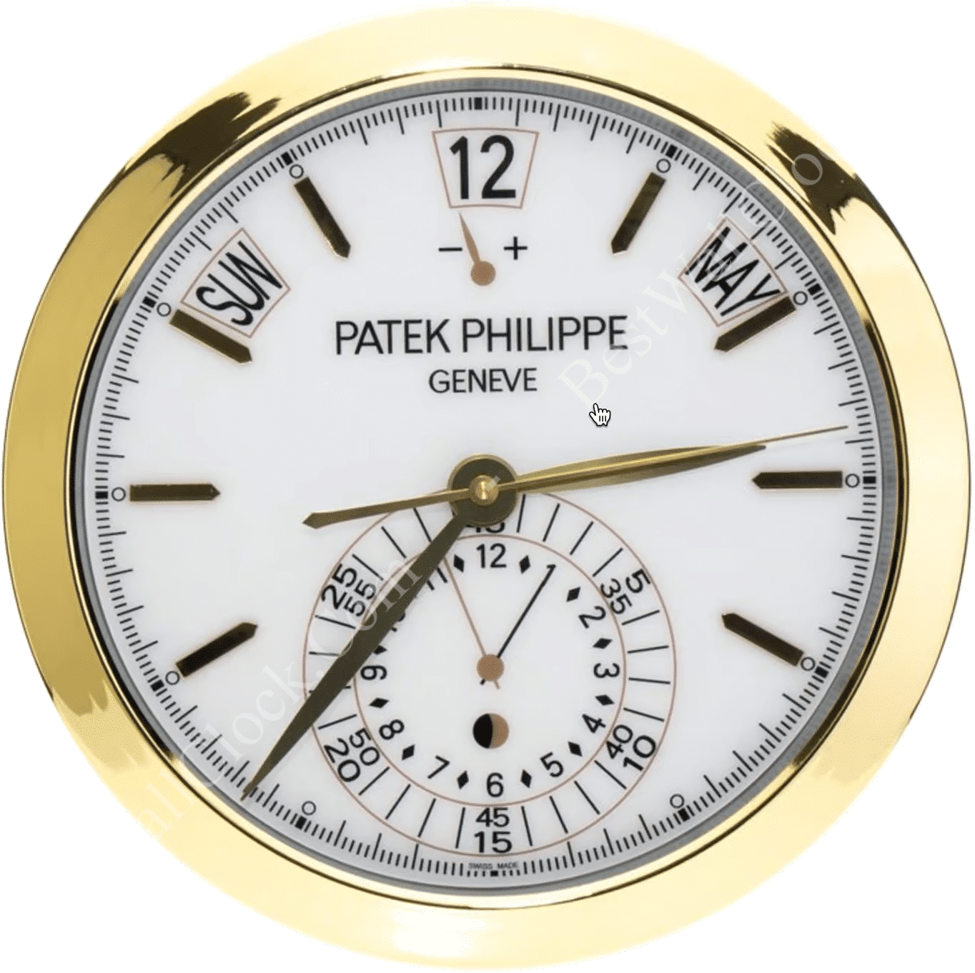 rolex well clock showing a Patek Philippe Geneve timepiece with gold rim, white dial, day and month indicators, and multiple hands