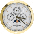 rolex well clock round gold-framed Vacheron Constantin watch face with calendar dials, moon phase, and gold hour markers