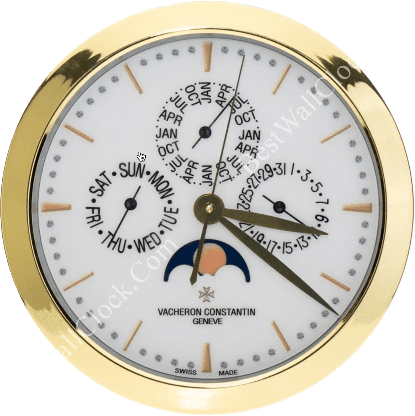 rolex well clock round gold-framed Vacheron Constantin watch face with calendar dials, moon phase, and gold hour markers