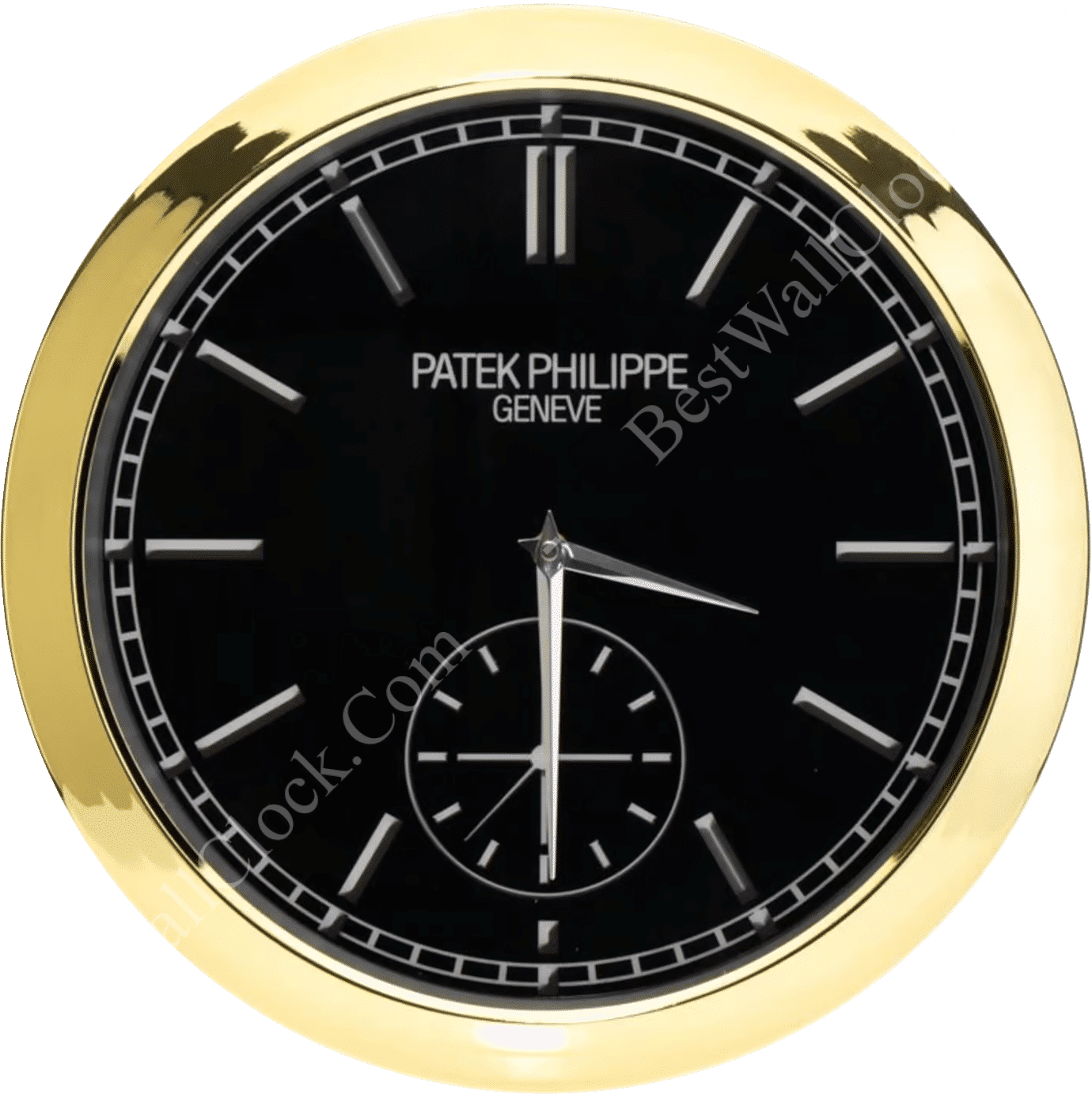 Rolex well clock showing a Patek Philippe Geneve wall clock with a black face and gold frame, displaying the time as 3:30.