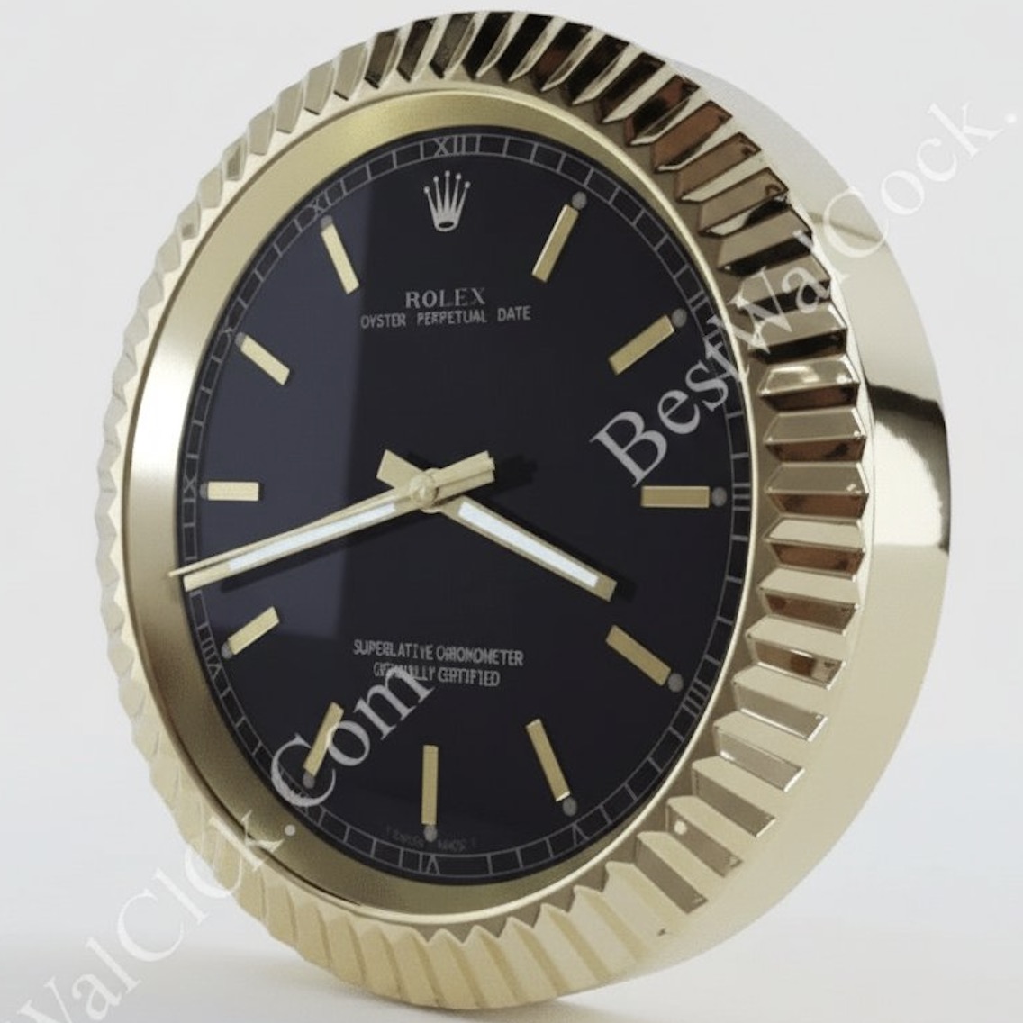 Rolex Datejust Style – Dealer Display Wall Clock 42cm XXL (Obsidian Black & Yellow Gold Fluted Bezel)