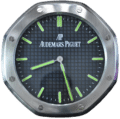 Audemars Piguet branded Rolex wall clock with a stainless steel octagonal frame and green luminous hour markers and hands on a black patterned dial.